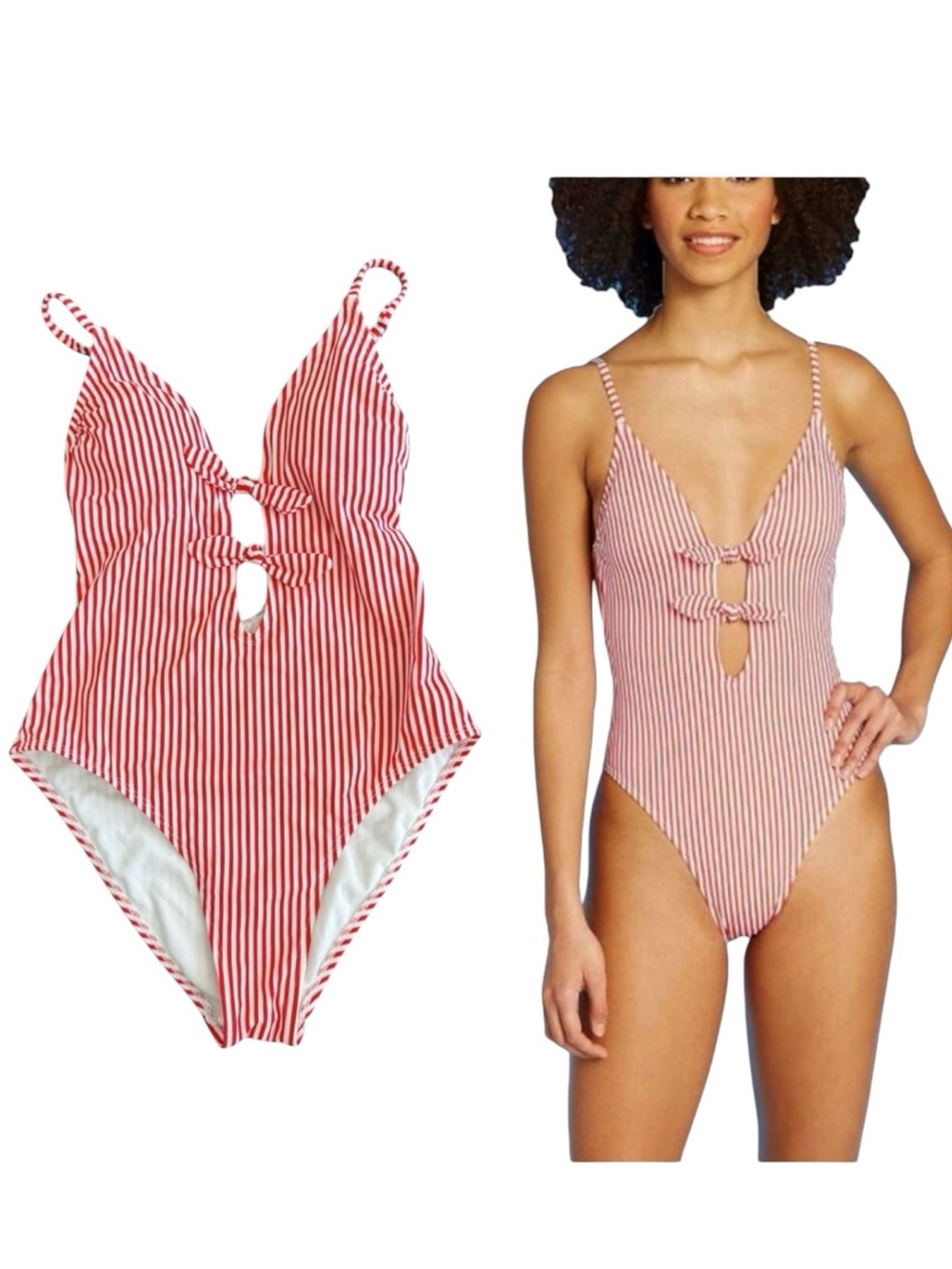 Women’s Pin Up Red White Striped One-Piece Swimsuit Size Medium Retro Beach